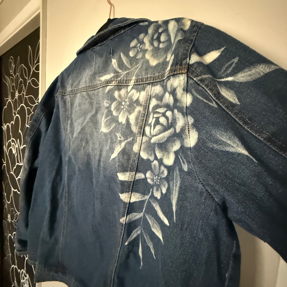 Custom bleach painted floral Blue Denim Jacket